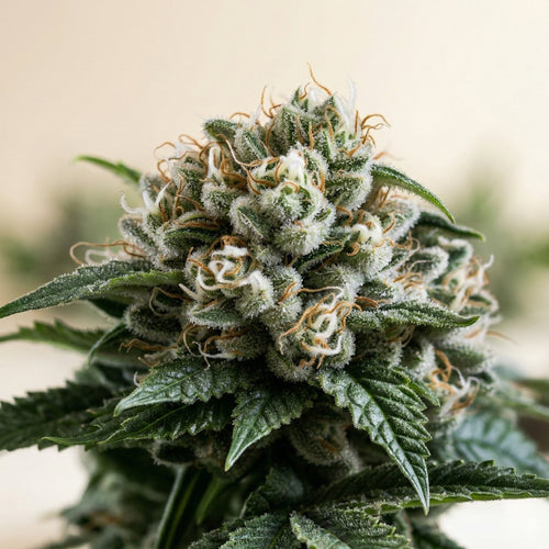 Big bud Feminized cannabis plant with green leaves and white buds.